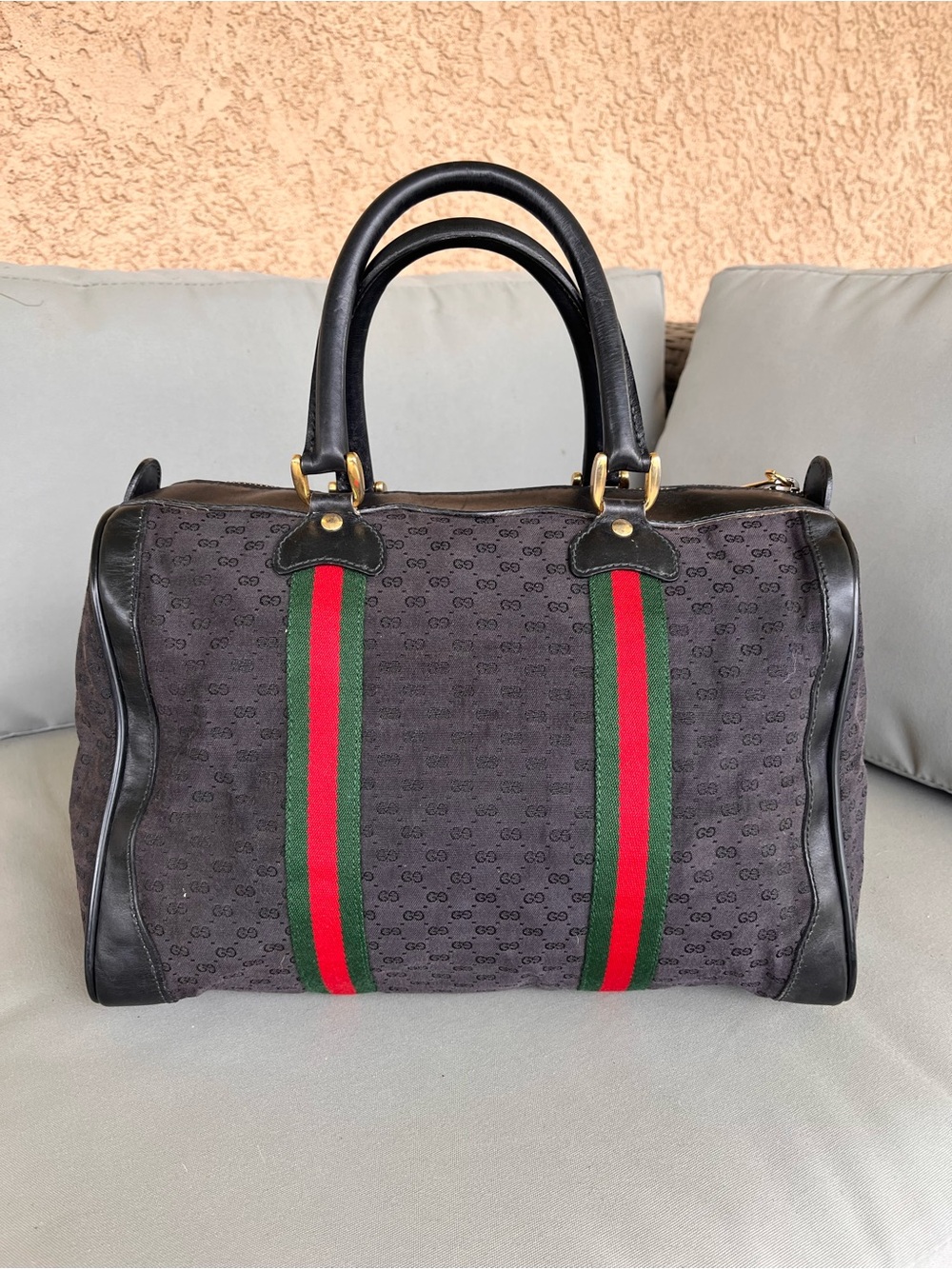 AUTH Gucci Sherry Line Black Monogram Boston Bag